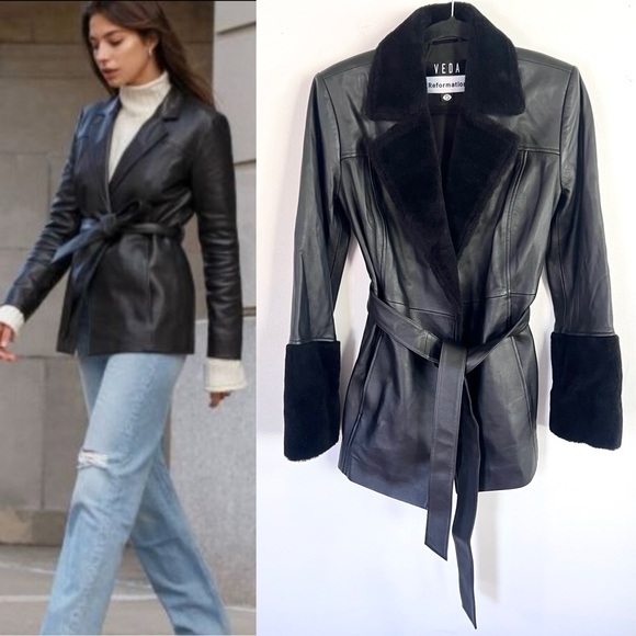 Reformation Veda Park Tie Waist Leather Jacket Shearling Sz S - Picture 1 of 7